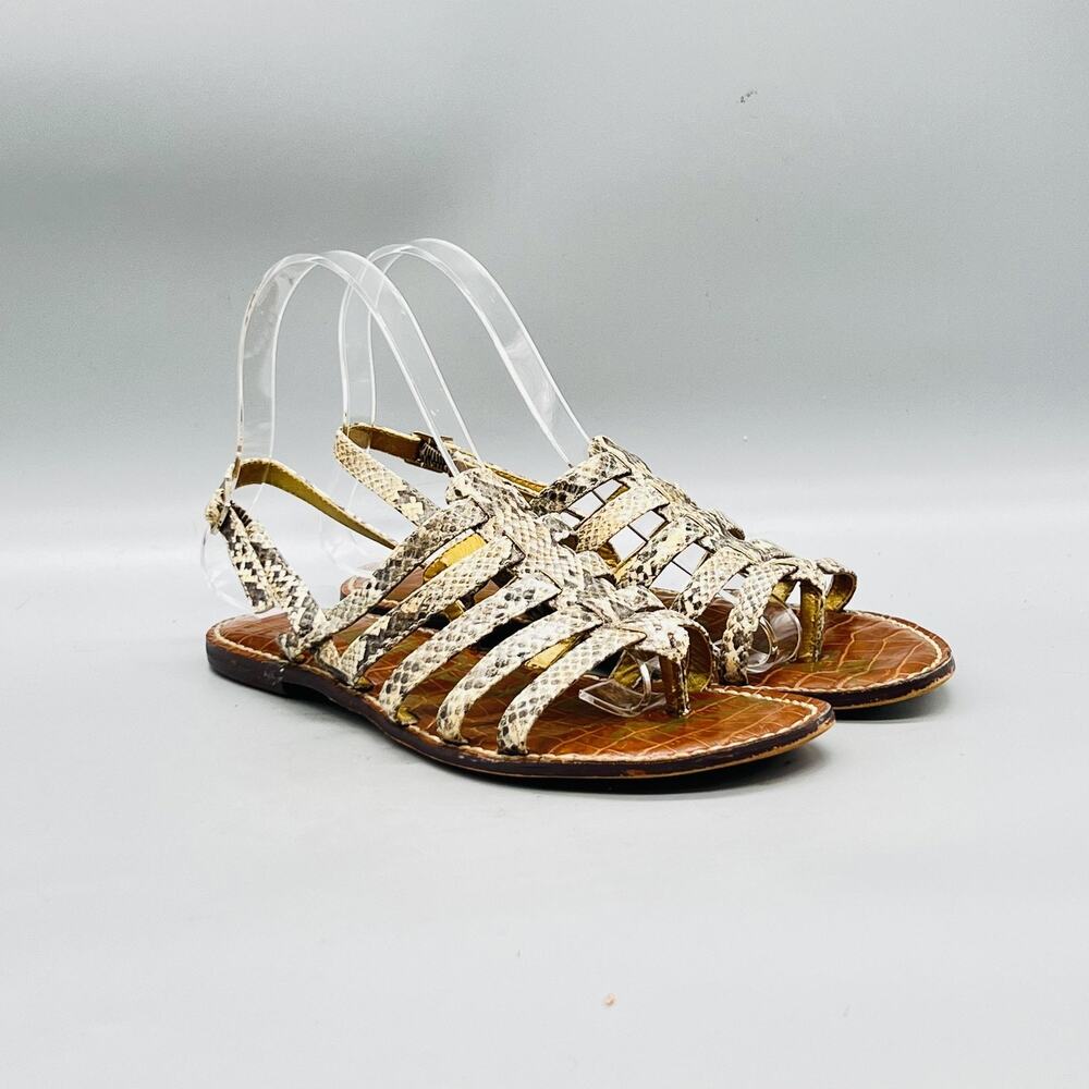Sam Edelman Sandals Womens 6 Beige Leather Snake Print Strappy Flat Shoes